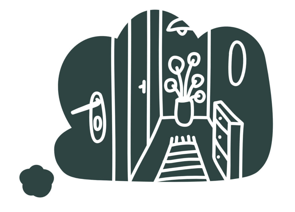 Gedankenblase-mit-Blick-in-Flur-mit-Pflanze-und-Teppich-Illustration-von-Sintje-Tramm