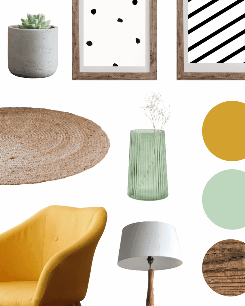 Moodboard-teppich-bilderrahmen-sessel-gelb-flur-wohnaccessoires